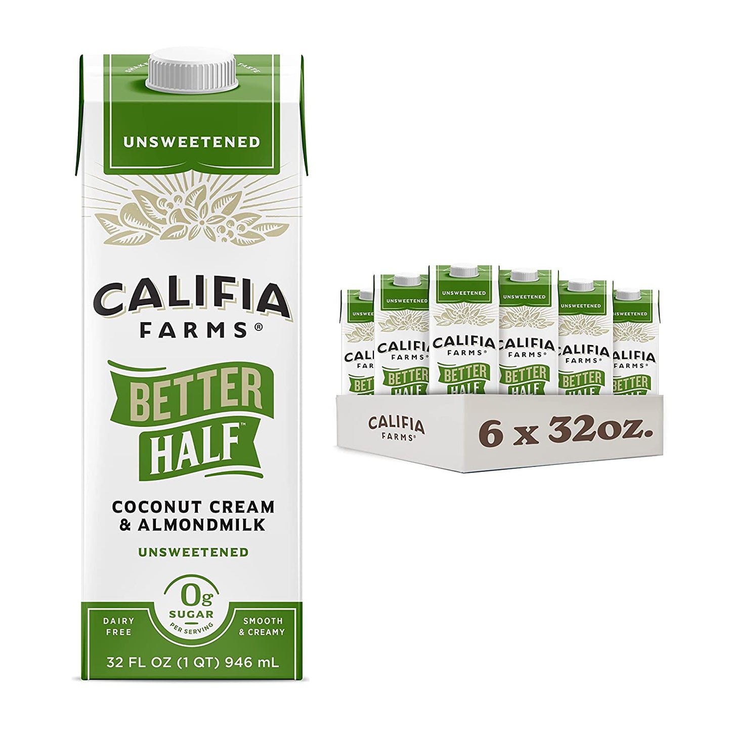 Califia Farms - Unsweetened Better Half Coffee Creamer, 32 Oz (Pack of 6) | Half and Half | Coconut Cream and Almond Milk | Dairy Free , Package may vary