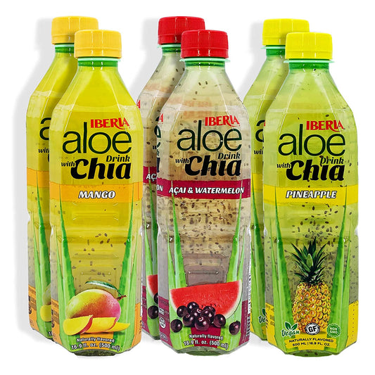 Iberia Aloe Vera Drink with Aloe Pulp and Chia Seeds 16.9 Ounce (Pack of 6) 2 X Watermelon & Acai, 2 x Mango, 2 x Pineapple