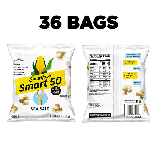 Smart50 Popcorn, Sea Salt, 0.5oz Bags (Pack of 36)