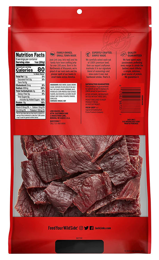 Jack Link's Beef Jerky, Original, (2) 9 Oz Bags - Great Everyday Snack, 10g of Protein and 80 Calories, Made with 100% Premium Beef - 96% Fat Free, No Added MSG** (Packaging May Vary)