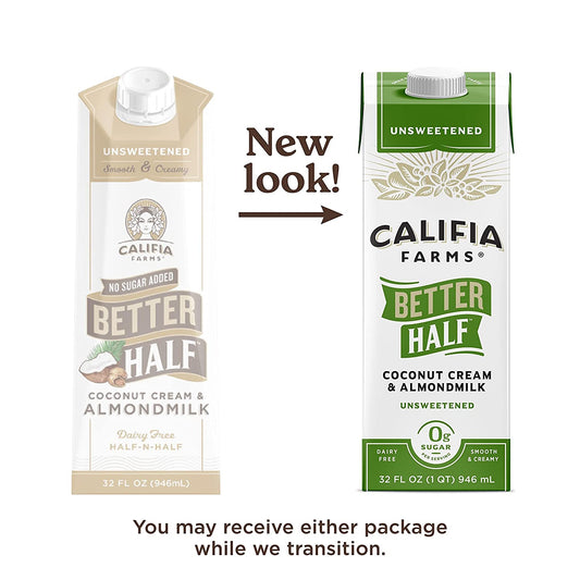 Califia Farms - Unsweetened Better Half Coffee Creamer, 32 Oz (Pack of 6) | Half and Half | Coconut Cream and Almond Milk | Dairy Free , Package may vary