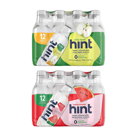 Hint Water Crisp Apple and Hint Water Watermelon (Pack of 24), 12 Bottles Hint Crisp Apple & 12 Bottles Hint Watermelon, Zero Calories, Zero Sugar and Zero Diet Sweeteners, 16 Ounce Bottles