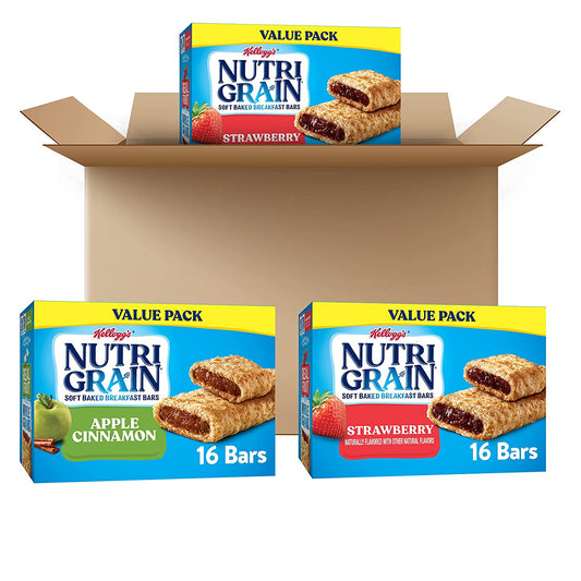 Nutri-Grain Soft Baked Breakfast Bars, Kids Snacks, Bulk Pantry Staples, Variety Pack Case, No Color, 62.4 Oz, 16 Count, Pack of 3