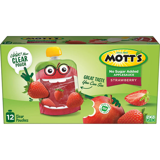 Mott's No Sugar Added Strawberry Applesauce, 3.2 Ounce Clear Pouch, 12 Count