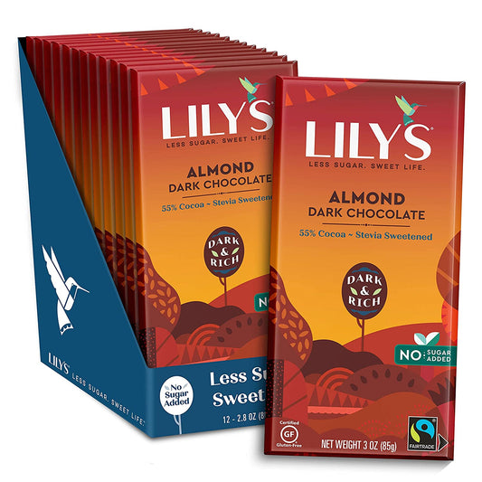 Almond Dark Chocolate Bar by Lily's | Made with Stevia, No Added Sugar, Low-Carb, Keto Friendly | 55% Cocoa | Fair Trade, Gluten-Free & Non-GMO Ingredients | 3 ounce, 12-Pack