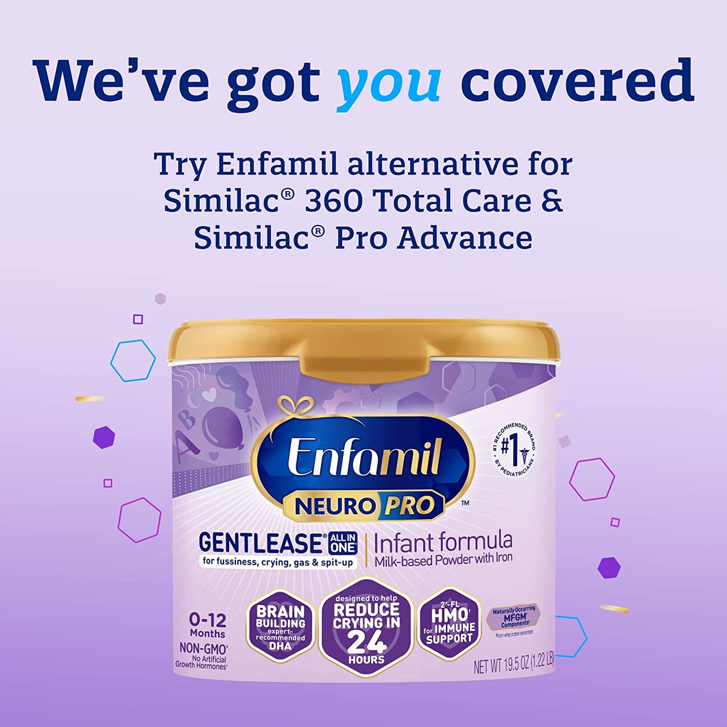 Enfamil NeuroPro Gentlease Baby Formula, Brain and Immune Support with DHA, Clinically Proven to Reduce Fussiness, Crying, Gas and Spit-up in 24 Hours, Non-GMO, Reusable Tub, 19.5 Oz