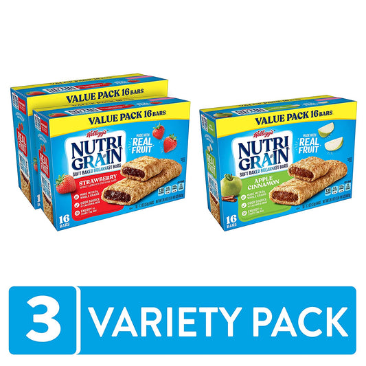 Nutri-Grain Soft Baked Breakfast Bars, Kids Snacks, Bulk Pantry Staples, Variety Pack Case, No Color, 62.4 Oz, 16 Count, Pack of 3