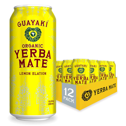 Guayaki Yerba Mate, Organic Clean Energy Drink, Lemon Elation, 15.5 Ounce Cans, (Pack of 12), 150mg Caffeine