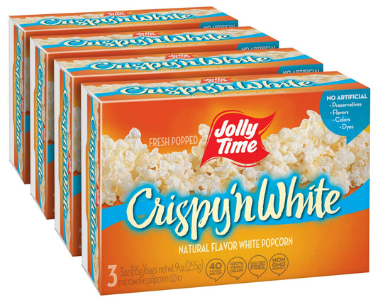 JOLLY TIME Crispy N' White Tender Natural Microwave Popcorn, Low Calorie Gluten Free, 4 Pack 3 Count Boxes (Natural Crispy 'N White)