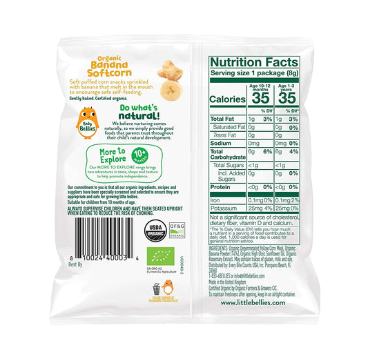 Baby Bellies Organic Softcorn Baby Snack, Banana, Pack of 7 Individual Snack Packs, 0.28 Ounce