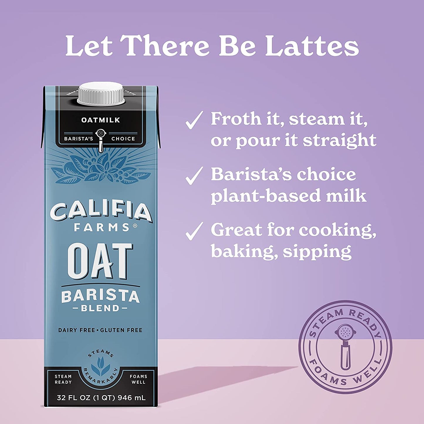 Califia Farms - Oat Milk, Unsweetened Barista Blend, 32 Fl Oz (Pack of 6) | Shelf Stable | Non Dairy Milk | Creamer | Vegan | Plant Based | Gluten-Free | Non-GMO