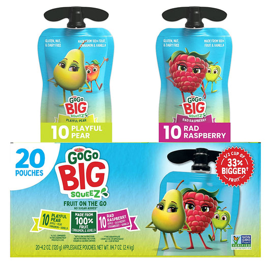 GoGo BIG squeeZ Rad Raspberry & Playful Pear, 4.2 oz. (20 Pouches) - Bigger, Tasty Kids Snacks Made from Raspberries and Pears