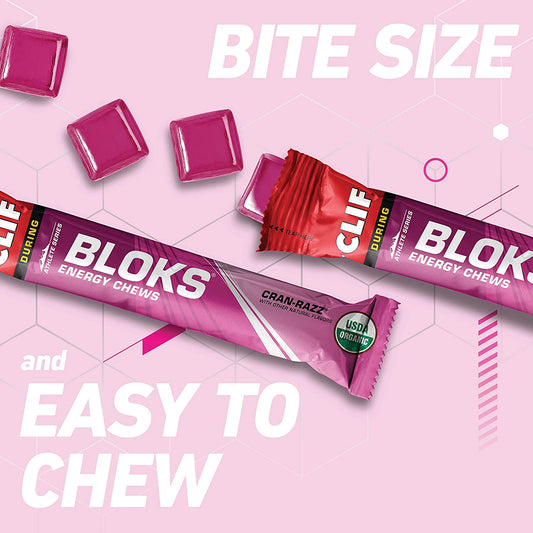 CLIF BLOKS - Energy Chews - Cran Razz Flavor - Non-GMO - Plant Based Food - Fast Fuel for Cycling and Running- Workout Snack (2.1 Ounce Packet, 18 Count) - (Assortment May Vary)