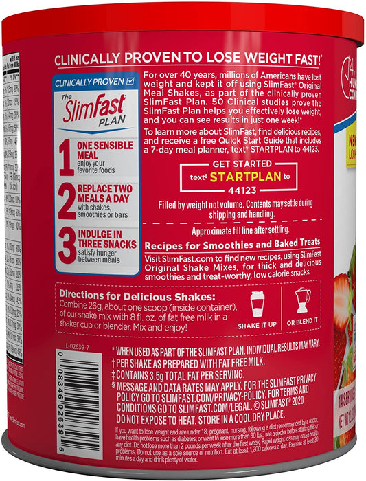 SlimFast Meal Replacement Powder, Original Strawberries & Cream, Weight Loss Shake Mix, 10g of Protein, 14 Servings