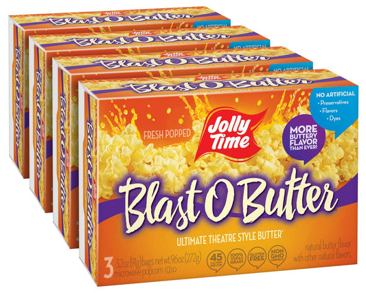 JOLLY TIME Gourmet Microwave Popcorn, Gluten Free Non-GMO, 4 Pack 3 Count Boxes (Blast O Butter)