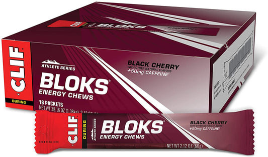 CLIF BLOKS Energy Chews - Black Cherry with 50mg Caffeine - Non-GMO - Plant Based Food - Fast Fuel for Cycling and Running-Workout Snack (2.1 Ounce Packet, 18 Count)