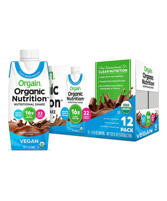 Orgain Organic Vegan Plant Based Nutritional Shake, Smooth Chocolate - Meal Replacement, 16g Protein, 22 Vitamins & Minerals, Dairy Free, Gluten Free, 11 Ounce, 12 Count (Packaging May Vary)