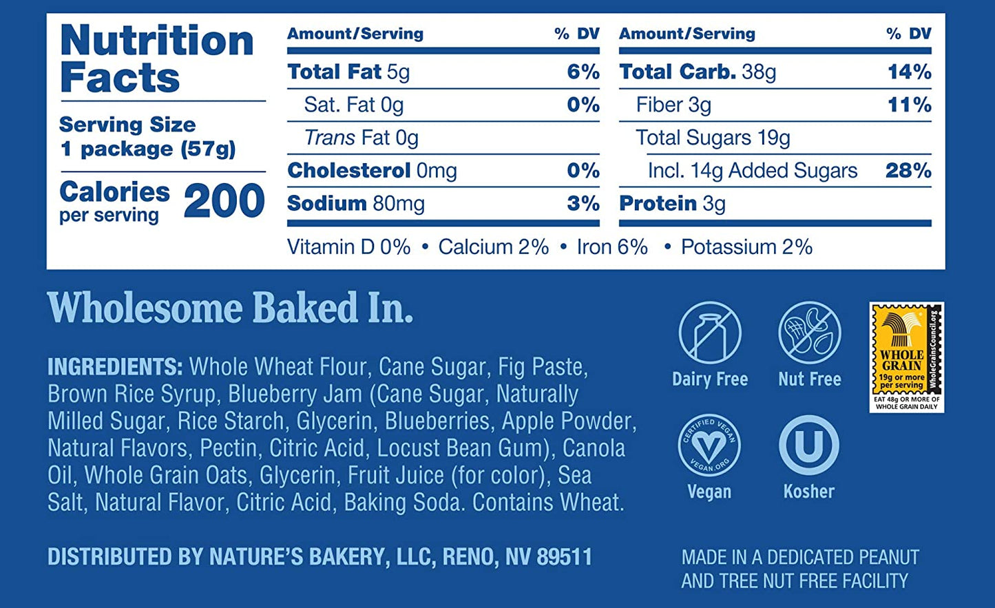 Nature’s Bakery Whole Wheat Fig Bars, Blueberry, Real Fruit, Vegan, Non-GMO, Snack bar, Twin packs- 12 count