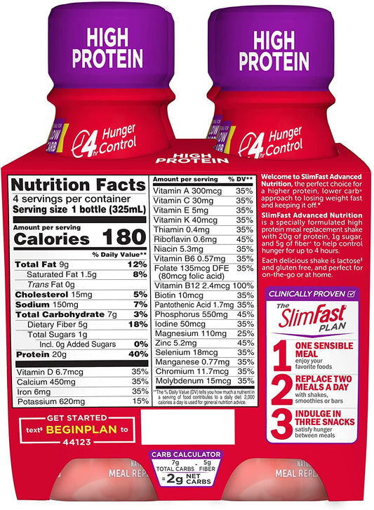 SlimFast Advanced Nutrition High Protein Meal Replacement Shake, Strawberries & Cream, 20g of Ready to Drink Protein, 11 Fl. Oz Bottle, 4 Count (Pack of 3)