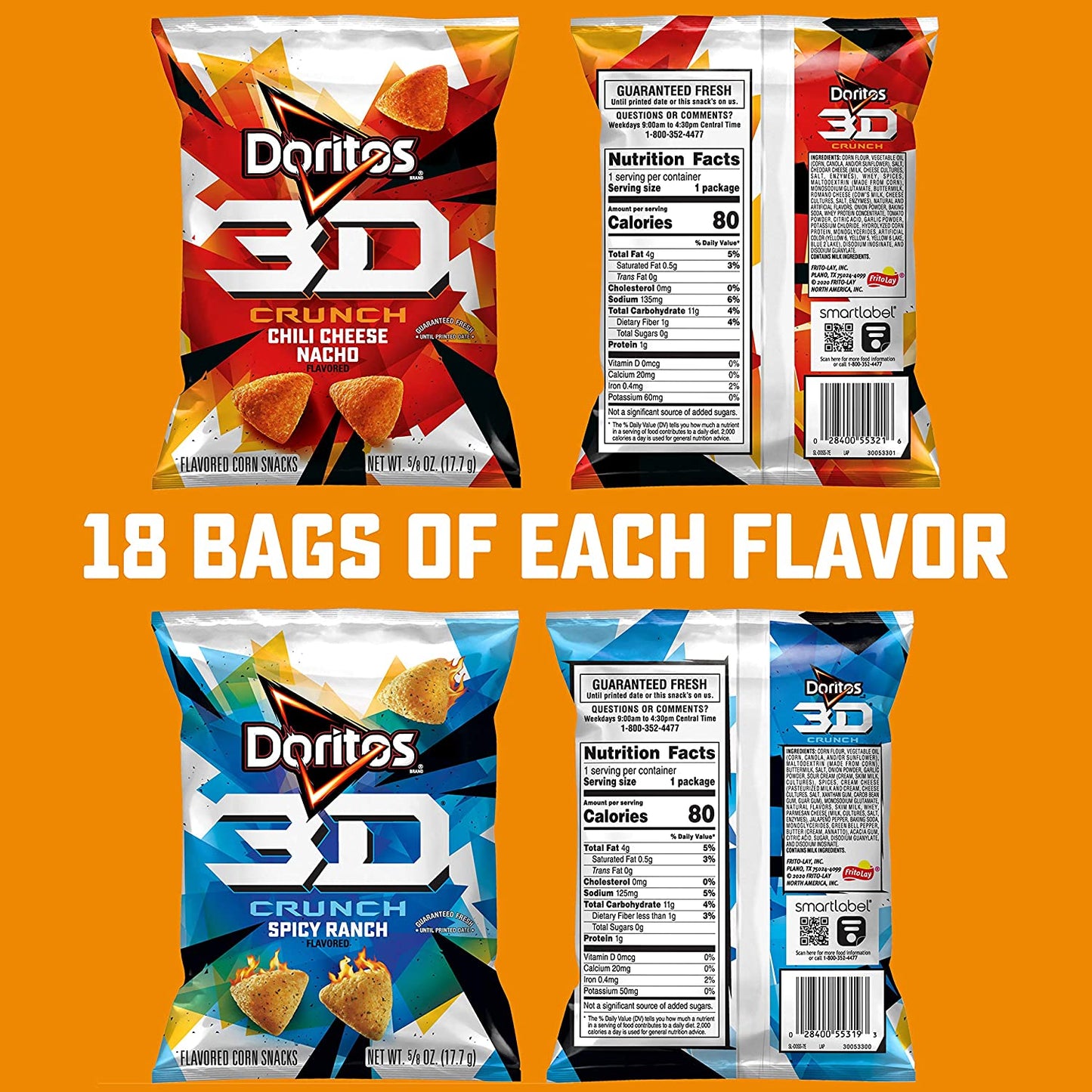 Doritos 3D Crunch, 2 Flavor Variety Pack, 0.625 oz Bags, (Pack of 36)