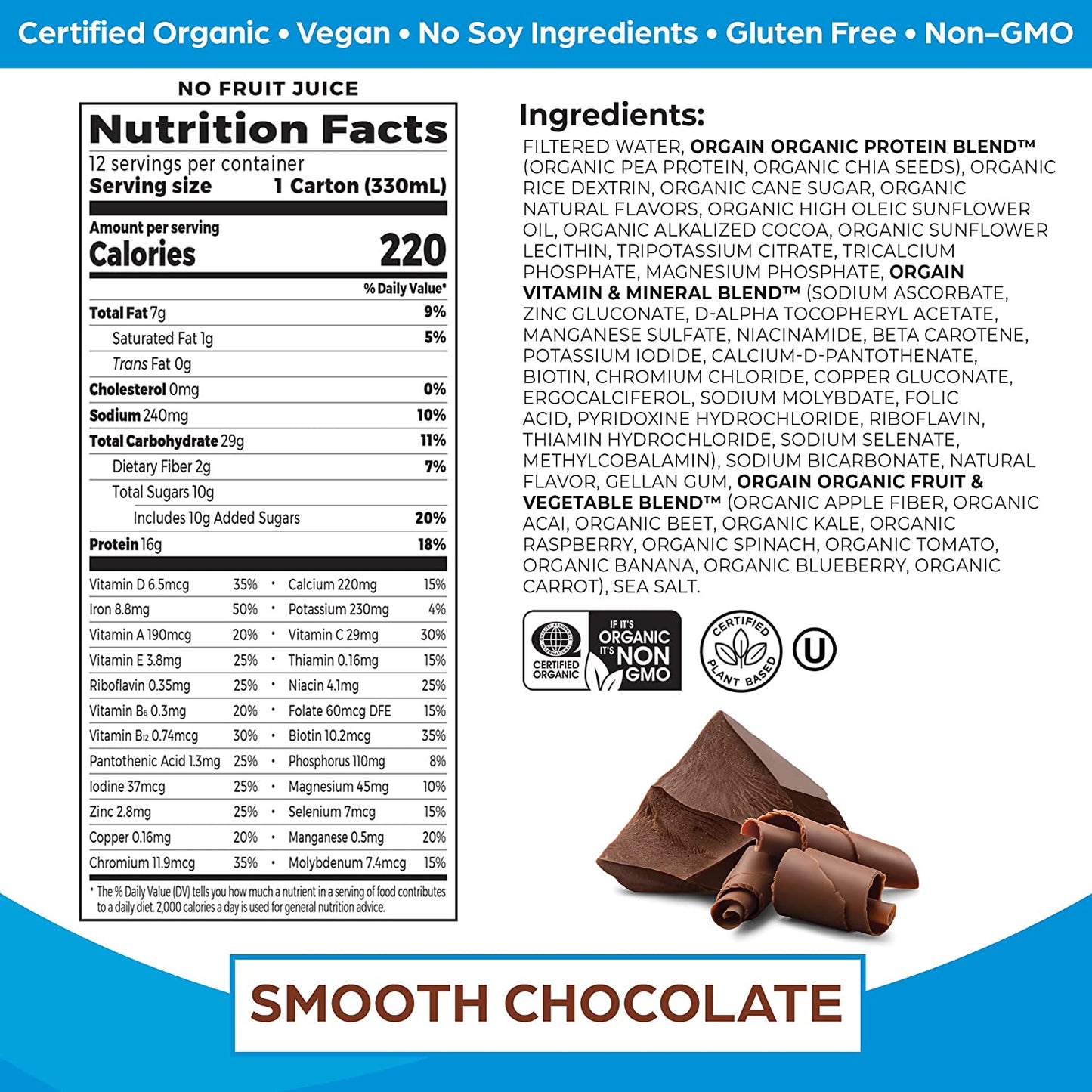 Orgain Organic Vegan Plant Based Nutritional Shake, Smooth Chocolate - Meal Replacement, 16g Protein, 22 Vitamins & Minerals, Dairy Free, Gluten Free, 11 Ounce, 12 Count (Packaging May Vary)