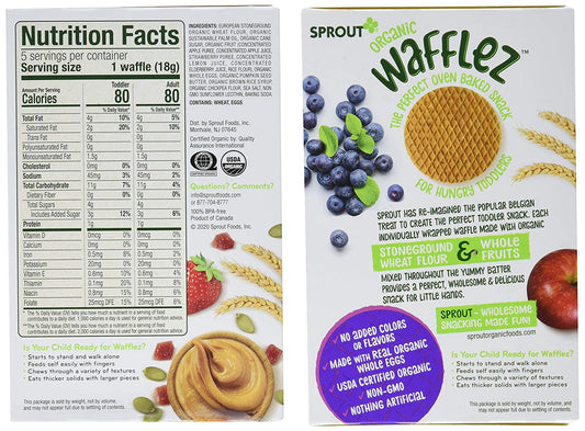 Sprout Organic Baby Food, Stage 4 Toddler Snacks, Blueberry Apple and Pumpkin Butter Wafflez Variety Pack, Single Serve Waffles, 0.63 Ounce (Pack of 20)