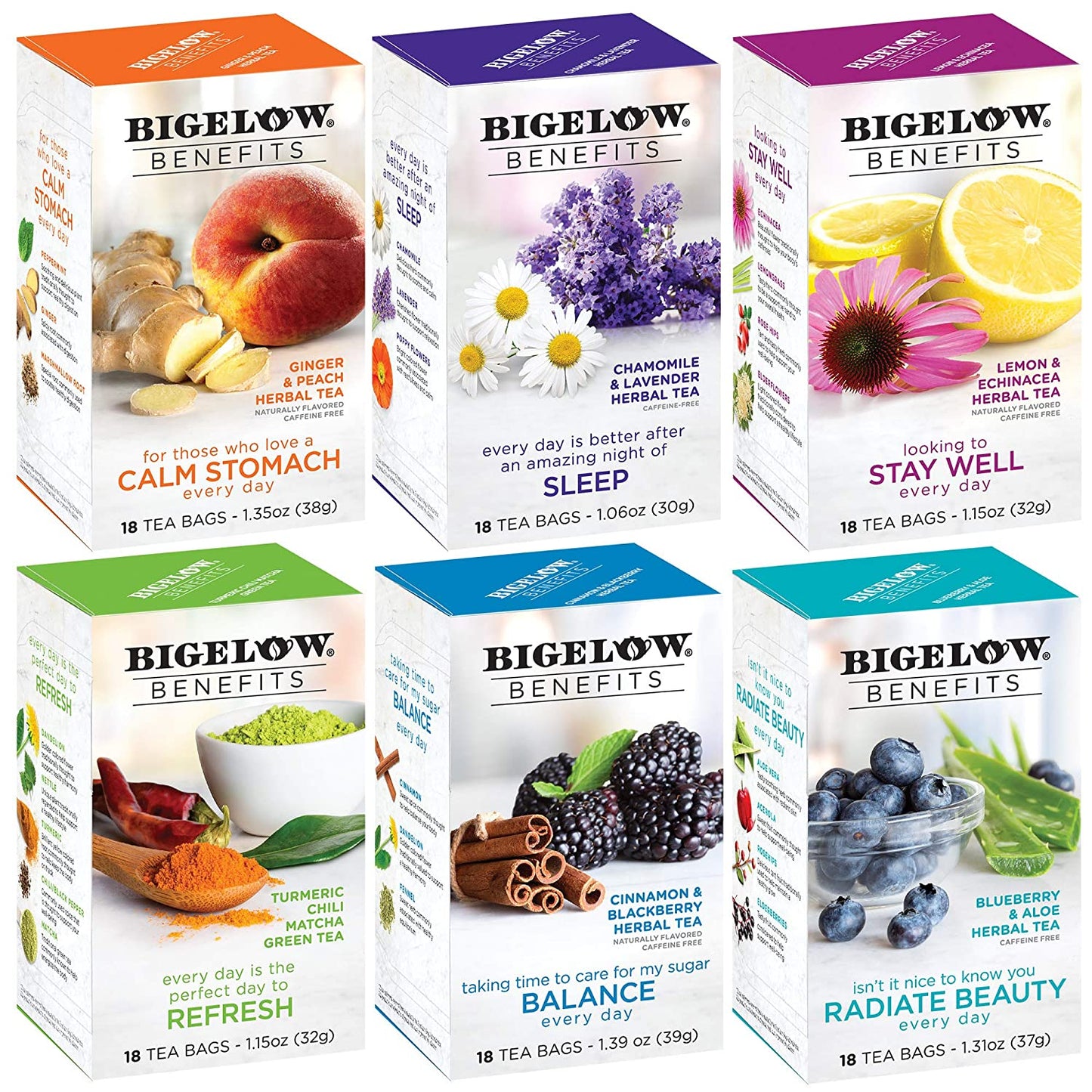 Bigelow Tea Benefits Wellness Teabag Variety Pack, Mixed Caffeinated Green Matcha & Caffeine-Free Herbal Tea, 18 Count Box (Pack of 6) 108 Tea Bags Total