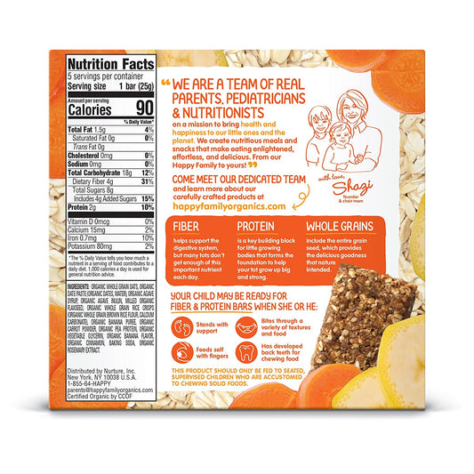 Happy Tot Organics Fiber & Protein Soft-Baked Oat Bars Organic Toddler Snack Banana & Carrot, 0.88 Ounce Bars, 5 Count Box (Pack of 6)