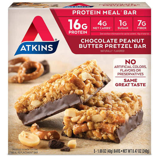 Atkins Chocolate Peanut Butter Pretzel Protein Meal Bar. Sweet and Salty. Keto-Friendly. (5 Bars)