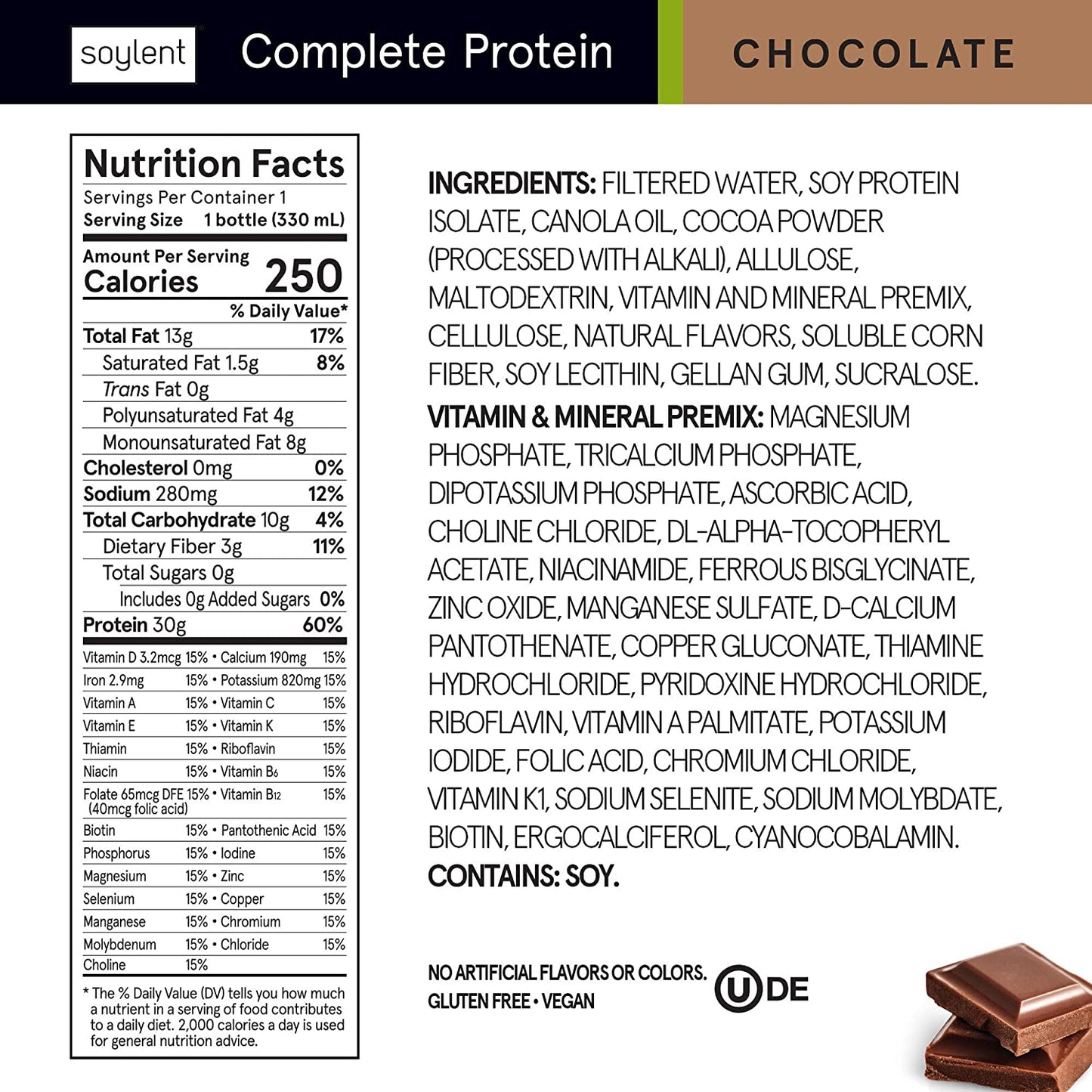 Soylent Complete Protein™ Gluten-Free Vegan Protein Meal Replacement Shake, Chocolate, 11 Oz, 12 Pack