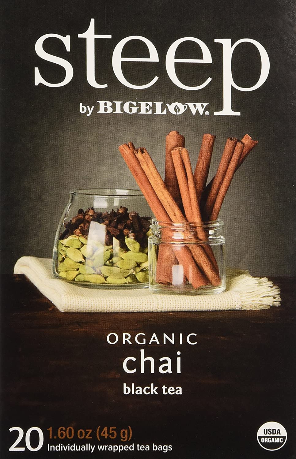 Steep by Bigelow Organic Chai 20 Count Organic Caffeinated Individual Black Tea Bags, for Hot Tea or Iced Tea, Drink Plain or Sweetened with Honey or Sugar