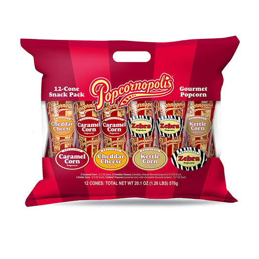 Popcornopolis Gourmet Popcorn Snacks, 12 Cone Variety Snack Packs (Gift Cone) – Perfect Party Favors Including Zebra Popcorn, Cheddar Cheese Popcorn, Caramel Popcorn, and Kettle Corn Popcorn