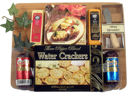 Gift Basket Village Board Of Directors Meat & Cheese Gift Arranged On Durable Bamboo Cutting Board With Sausage, Cheese and Crackers & A Spreader, Small, 8 Piece Set